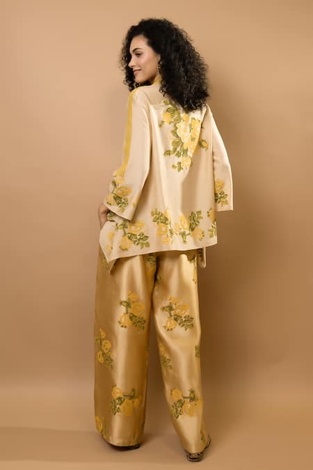 Shop_Krishna Mehta_Beige Chanderi, Modal Embroidery Collared Rosettes Block-printed Pant Set _at_Aza_Fashions