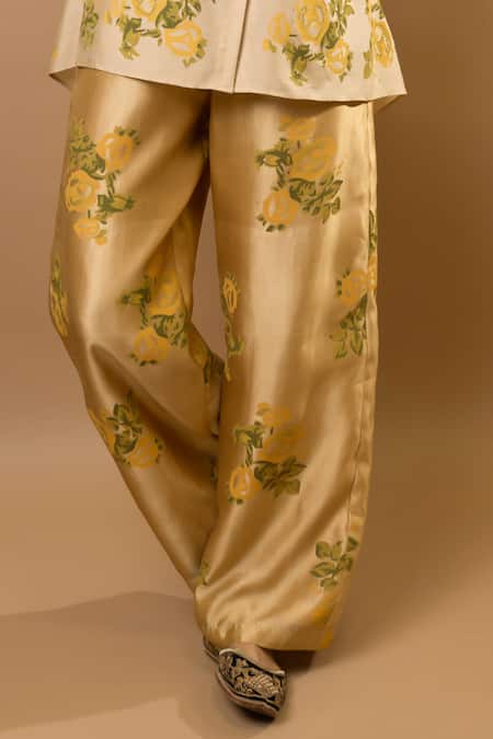 Buy_Krishna Mehta_Beige Chanderi, Modal Embroidery Collared Rosettes Block-printed Pant Set _Online_at_Aza_Fashions