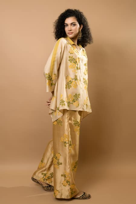 Shop_Krishna Mehta_Beige Chanderi, Modal Embroidery Collared Rosettes Block-printed Pant Set _Online_at_Aza_Fashions