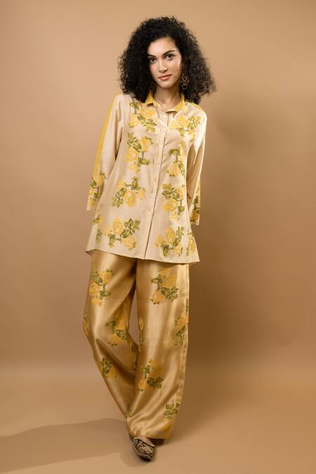 Krishna Mehta_Beige Chanderi Embroidery Collared Rosettes Block-printed Asymmetrical Shirt _Online_at_Aza_Fashions