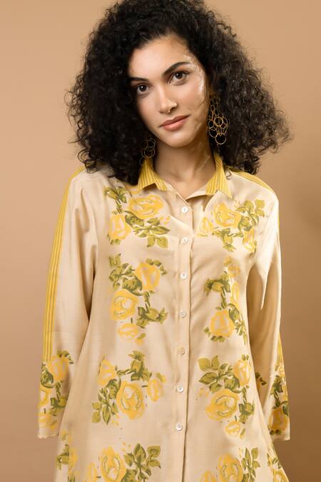 Buy_Krishna Mehta_Beige Chanderi Embroidery Collared Rosettes Block-printed Asymmetrical Shirt _Online_at_Aza_Fashions