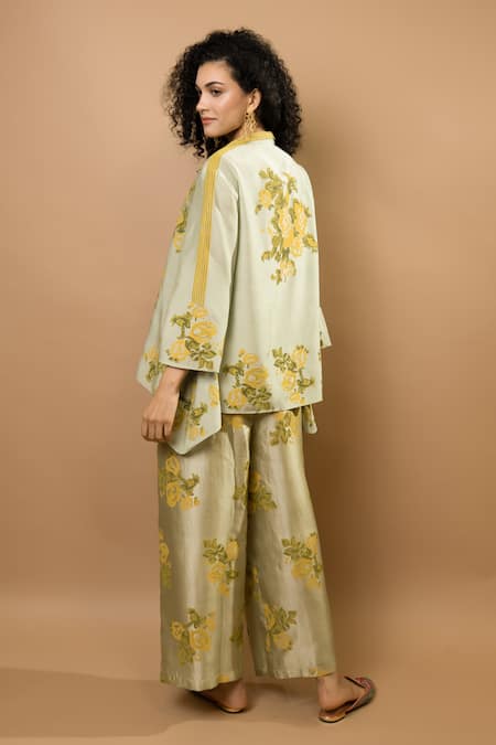 Shop_Krishna Mehta_Green Chanderi, Modal Embroidery Collared Pistag Rosettes Block-printed Pant Set _at_Aza_Fashions