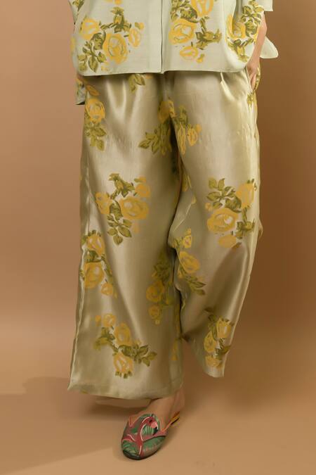 Buy_Krishna Mehta_Green Chanderi, Modal Embroidery Collared Pistag Rosettes Block-printed Pant Set _Online_at_Aza_Fashions