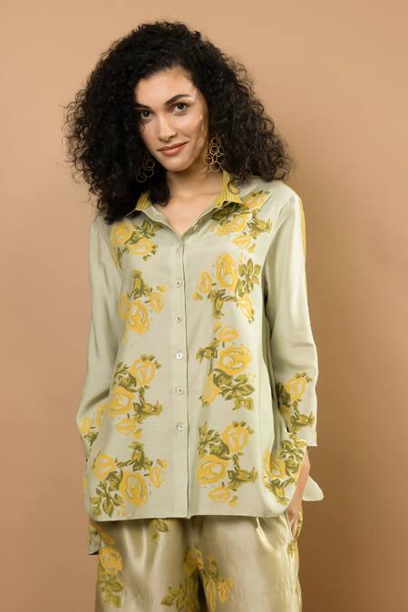 Shop_Krishna Mehta_Green Chanderi, Modal Embroidery Collared Pistag Rosettes Block-printed Pant Set _Online_at_Aza_Fashions