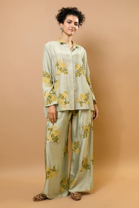 Krishna Mehta_Green Chanderi, Modal Collared Pistage Rosettes Block-printed Pant Set _Online_at_Aza_Fashions