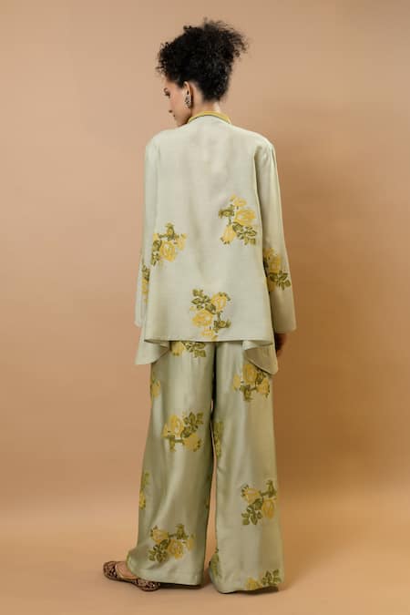 Shop_Krishna Mehta_Green Chanderi, Modal Collared Pistage Rosettes Block-printed Pant Set _at_Aza_Fashions