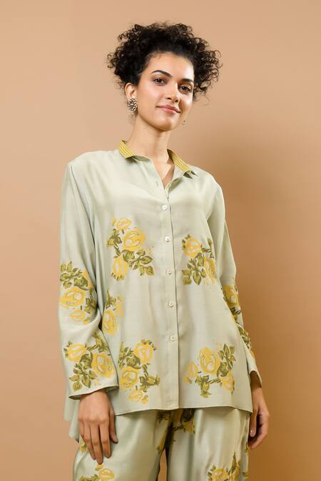 Buy_Krishna Mehta_Green Chanderi, Modal Collared Pistage Rosettes Block-printed Pant Set _Online_at_Aza_Fashions