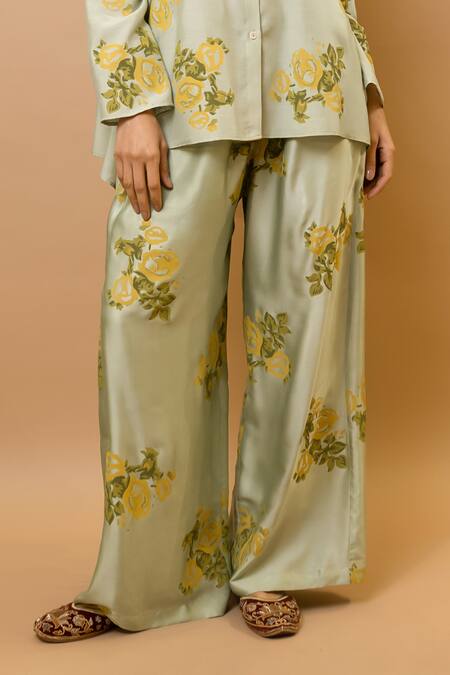Shop_Krishna Mehta_Green Chanderi, Modal Collared Pistage Rosettes Block-printed Pant Set _Online_at_Aza_Fashions