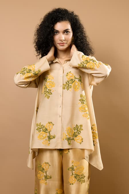 Shop_Krishna Mehta_Beige Chanderi, Modal Embroidery Collared Rosettes Block-printed Pant Set _Online_at_Aza_Fashions