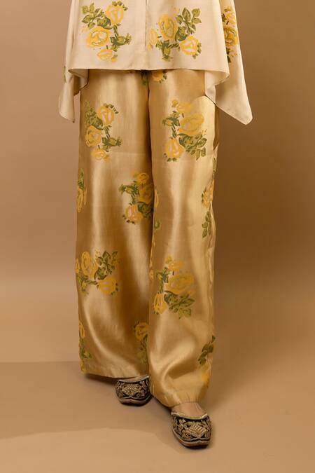 Shop Krishna Mehta Beige Chanderi Embroidery Collared Rosettes Block-printed Shirt Online at Aza Fashions Shop_Krishna Mehta_Beige Chanderi Embroidery Collared Rosettes Block-printed Shirt _Online_at_Aza_Fashions