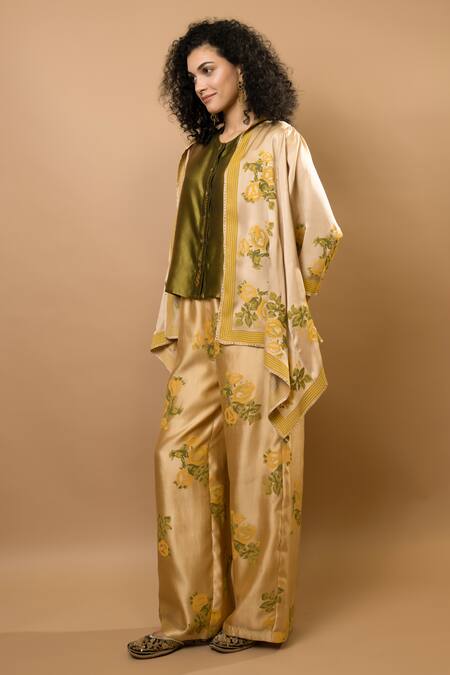 Krishna Mehta_Beige Chanderi, Modal Embroidery Open Neck, Block-printed Jacket And Trousers Set _Online_at_Aza_Fashions