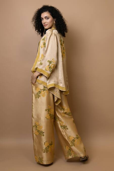 Buy_Krishna Mehta_Beige Chanderi, Modal Embroidery Open Neck, Block-printed Jacket And Trousers Set _Online_at_Aza_Fashions