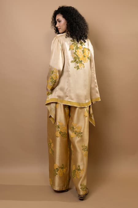 Shop_Krishna Mehta_Beige Chanderi, Modal Embroidery Open Neck, Block-printed Jacket And Trousers Set _at_Aza_Fashions