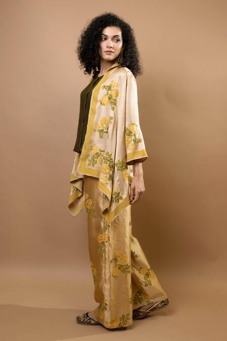 Shop_Krishna Mehta_Beige Chanderi, Modal Embroidery Open Neck, Block-printed Jacket And Trousers Set _Online_at_Aza_Fashions