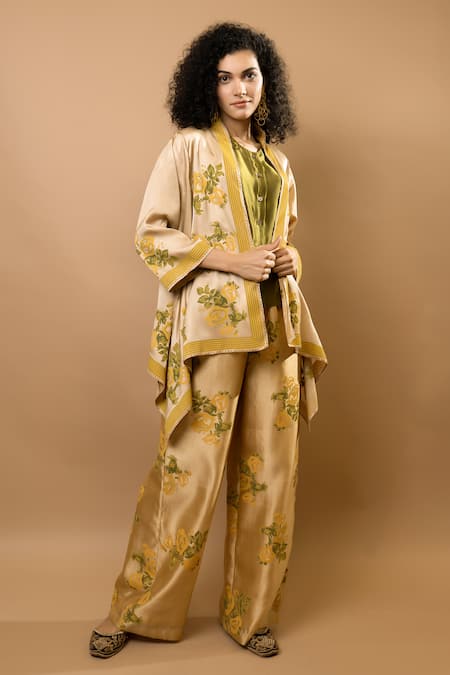 Krishna Mehta_Beige Chanderi, Modal Embroidery Open Neck, Block-printed Jacket And Trousers Set _at_Aza_Fashions