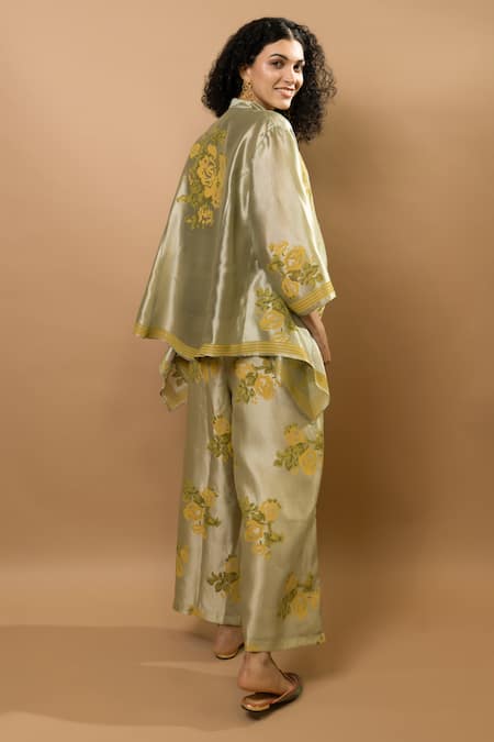 Shop_Krishna Mehta_Green Chanderi, Modal Embroidery Round Neck Block-printed Jacket _at_Aza_Fashions