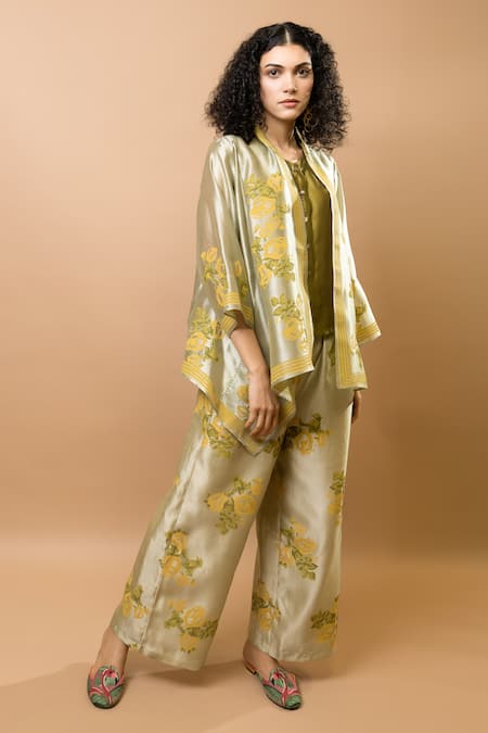 Krishna Mehta_Green Chanderi, Modal Embroidery Round Neck Block-printed Jacket _Online_at_Aza_Fashions