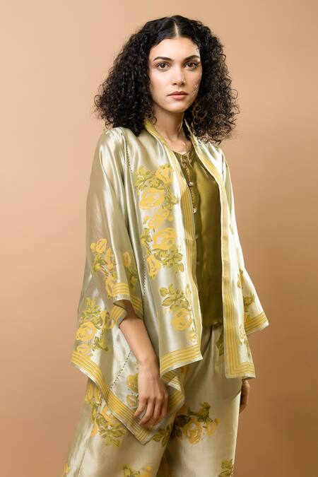 Buy_Krishna Mehta_Green Chanderi, Modal Embroidery Round Neck Block-printed Jacket _Online_at_Aza_Fashions