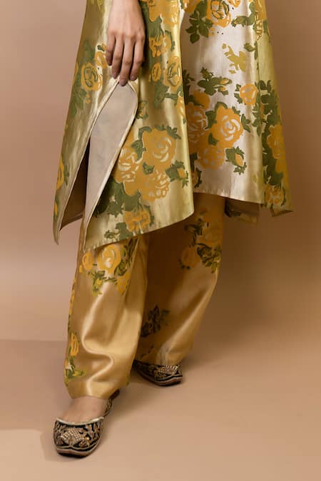 Krishna Mehta_Olive Green Silk, Modal Round Neck Block-printed Tunic And Trousers Set _Online_at_Aza_Fashions