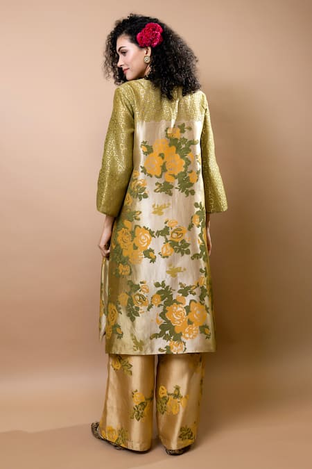 Shop_Krishna Mehta_Olive Green Silk, Modal Round Neck Block-printed Tunic And Trousers Set _at_Aza_Fashions