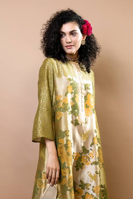 Buy_Krishna Mehta_Olive Green Silk, Modal Round Neck Block-printed Tunic And Trousers Set _Online_at_Aza_Fashions
