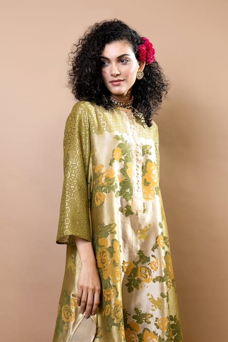 Krishna Mehta_Olive Green Silk Round Neck Ombre Block-printed Long Tunic _Online_at_Aza_Fashions