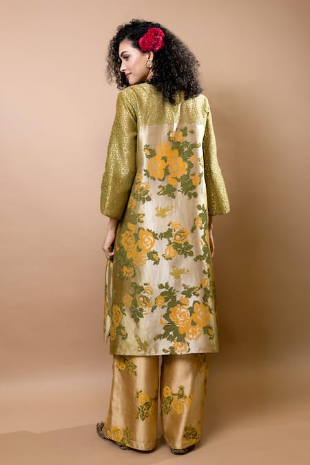 Shop_Krishna Mehta_Olive Green Silk Round Neck Ombre Block-printed Long Tunic _at_Aza_Fashions