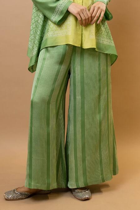Krishna Mehta_Green Chanderi, Modal Collared Ombre Block-printed Asymmetric Shirt Set _Online_at_Aza_Fashions