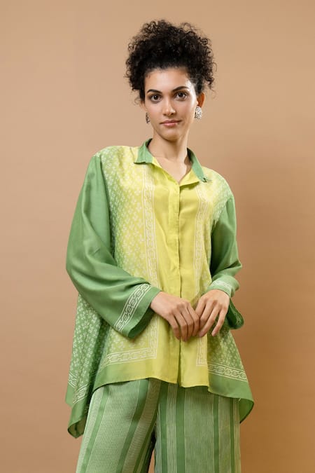 Buy_Krishna Mehta_Green Chanderi, Modal Collared Ombre Block-printed Asymmetric Shirt Set _Online_at_Aza_Fashions