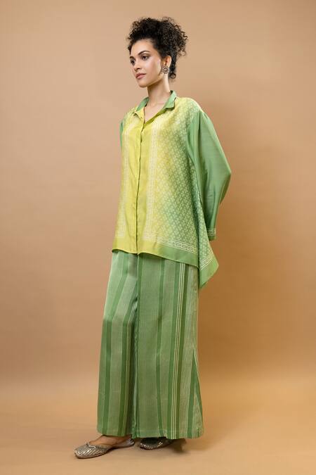 Shop_Krishna Mehta_Green Chanderi, Modal Collared Ombre Block-printed Asymmetric Shirt Set _Online_at_Aza_Fashions