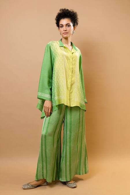 Krishna Mehta_Green Chanderi, Modal Collared Ombre Block-printed Asymmetric Shirt Set _at_Aza_Fashions