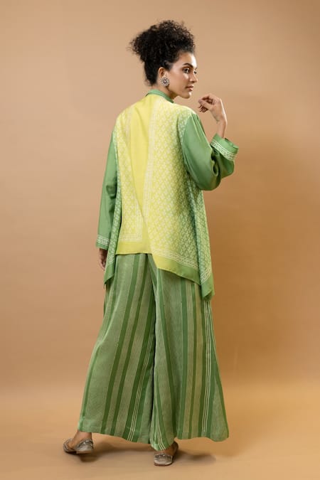 Shop_Krishna Mehta_Green Chanderi, Modal Collared Ombre Block-printed Asymmetric Shirt Set _at_Aza_Fashions