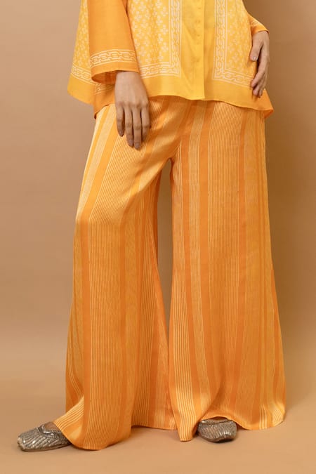 Krishna Mehta_Yellow Chanderi, Modal Collared Ombre Block-printed Asymmetric Shirt And Pants _Online_at_Aza_Fashions