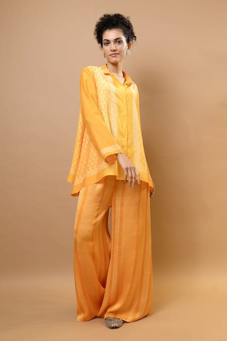 Buy_Krishna Mehta_Yellow Chanderi, Modal Collared Ombre Block-printed Asymmetric Shirt And Pants _Online_at_Aza_Fashions