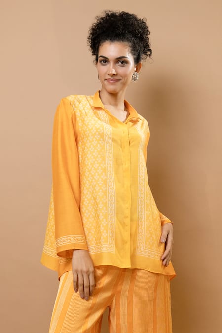 Shop_Krishna Mehta_Yellow Chanderi, Modal Collared Ombre Block-printed Asymmetric Shirt And Pants _Online_at_Aza_Fashions