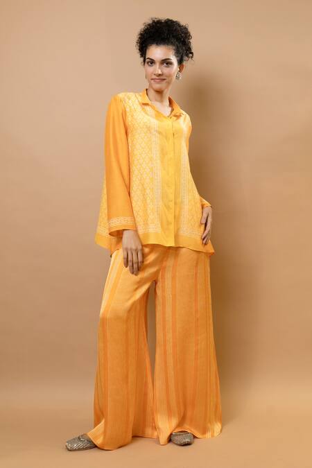 Buy_Krishna Mehta_Yellow Chanderi Collared Ombre Block-printed Asymmetric Shirt _Online_at_Aza_Fashions