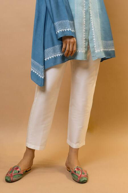 Krishna Mehta_Blue Chanderi, Modal Collared Ombre Block-printed Asymmetric Shirt Set _Online_at_Aza_Fashions