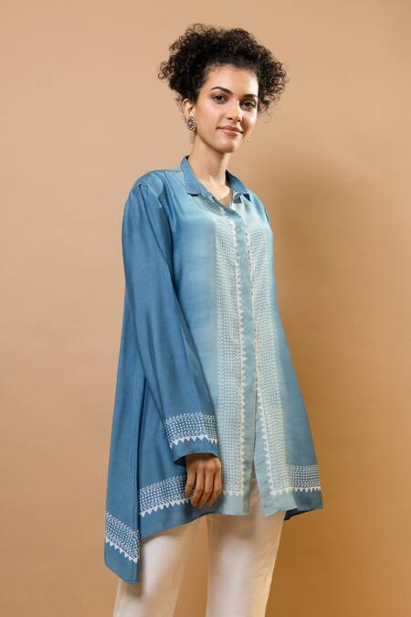 Buy_Krishna Mehta_Blue Chanderi, Modal Collared Ombre Block-printed Asymmetric Shirt Set _Online_at_Aza_Fashions