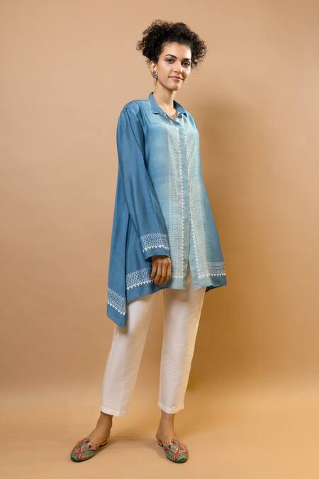 Shop_Krishna Mehta_Blue Chanderi, Modal Collared Ombre Block-printed Asymmetric Shirt Set _Online_at_Aza_Fashions