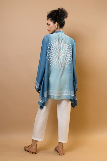 Shop_Krishna Mehta_Blue Chanderi, Modal Collared Ombre Block-printed Asymmetric Shirt Set _at_Aza_Fashions