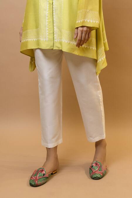 Krishna Mehta_Olive Green Chanderi, Modal Collared Ombre Block-printed Asymmetric Shirt Set _Online_at_Aza_Fashions
