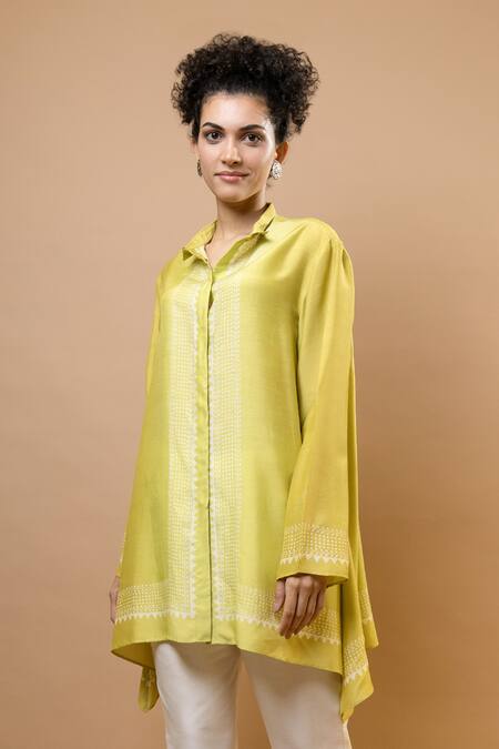 Buy_Krishna Mehta_Olive Green Chanderi, Modal Collared Ombre Block-printed Asymmetric Shirt Set _Online_at_Aza_Fashions