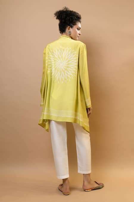 Shop_Krishna Mehta_Olive Green Chanderi, Modal Collared Ombre Block-printed Asymmetric Shirt Set _at_Aza_Fashions