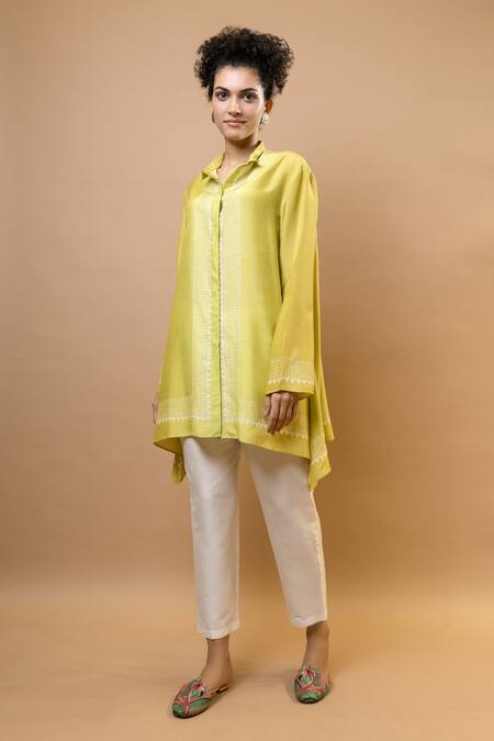 Shop_Krishna Mehta_Olive Green Chanderi, Modal Collared Ombre Block-printed Asymmetric Shirt Set _Online_at_Aza_Fashions