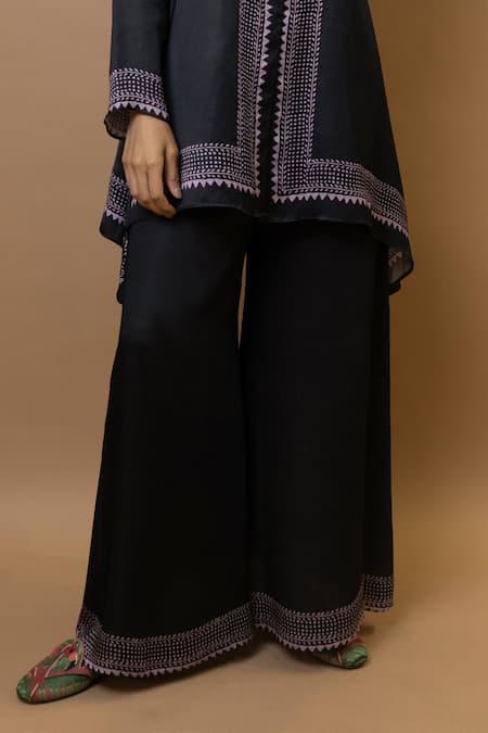 Krishna Mehta Black Modal Collared Block Printed Asymmetric Shirt And Trousers Set Online at Aza Fashions Krishna Mehta_Black Modal Collared Block Printed Asymmetric Shirt And Trousers Set _Online_at_Aza_Fashions