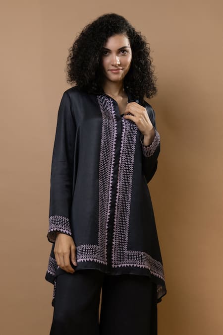 Buy Krishna Mehta Black Modal Collared Block Printed Asymmetric Shirt And Trousers Set Online at Aza Fashions Buy_Krishna Mehta_Black Modal Collared Block Printed Asymmetric Shirt And Trousers Set _Online_at_Aza_Fashions