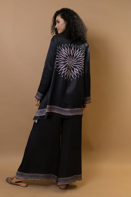 Shop Krishna Mehta Black Modal Collared Block Printed Asymmetric Shirt And Trousers Set at Aza Fashions Shop_Krishna Mehta_Black Modal Collared Block Printed Asymmetric Shirt And Trousers Set _at_Aza_Fashions