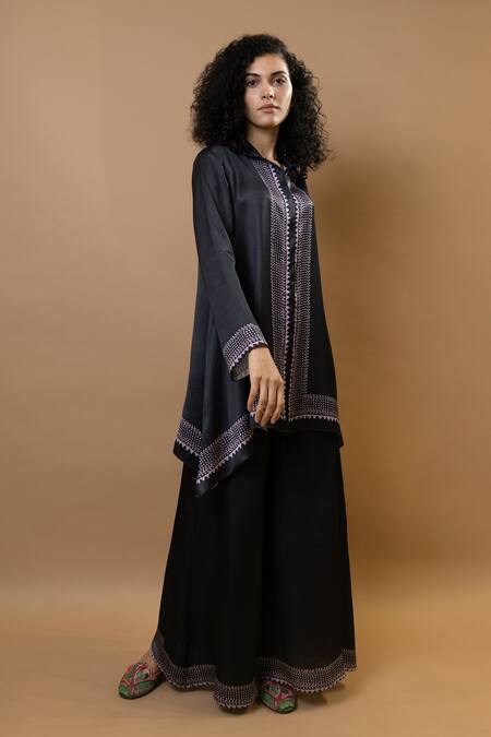 Shop Krishna Mehta Black Modal Collared Block Printed Asymmetric Shirt And Trousers Set Online at Aza Fashions Shop_Krishna Mehta_Black Modal Collared Block Printed Asymmetric Shirt And Trousers Set _Online_at_Aza_Fashions