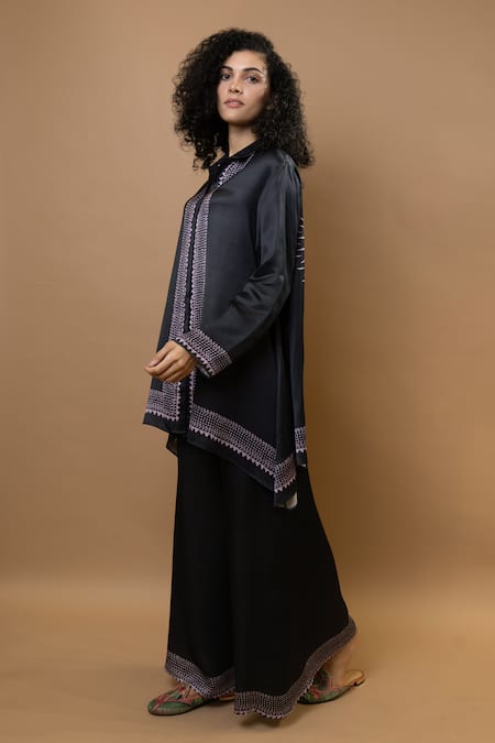 Buy Krishna Mehta Black Modal Collared Block Printed Asymmetric Shirt And Trousers Set Buy_Krishna Mehta_Black Modal Collared Block Printed Asymmetric Shirt And Trousers Set