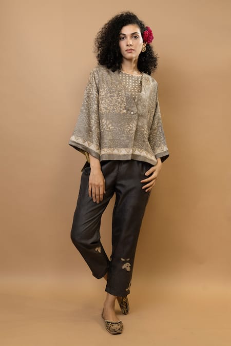 Krishna Mehta_Beige Silk Embroidery Round Neck Patchwork-embroidered Short Jacket _Online_at_Aza_Fashions